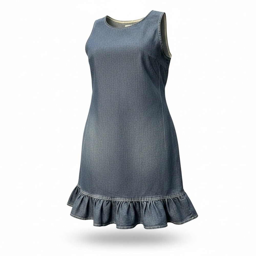Denim Ruffle Dress Womens XL Blue Button Front Cottagecore Farmhouse Retro